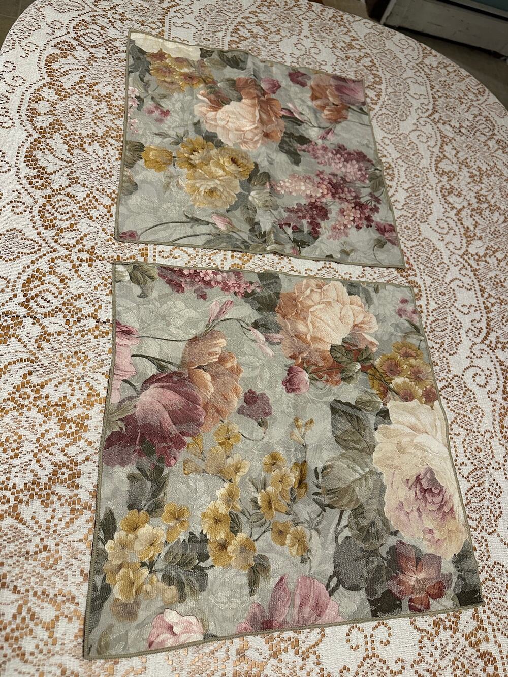 Shabby Chic Floral Cabbage Rose Cloth Napkins Set of 2 Placemats Sage 16x16